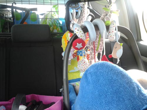 View of a baby car seat with toys attached