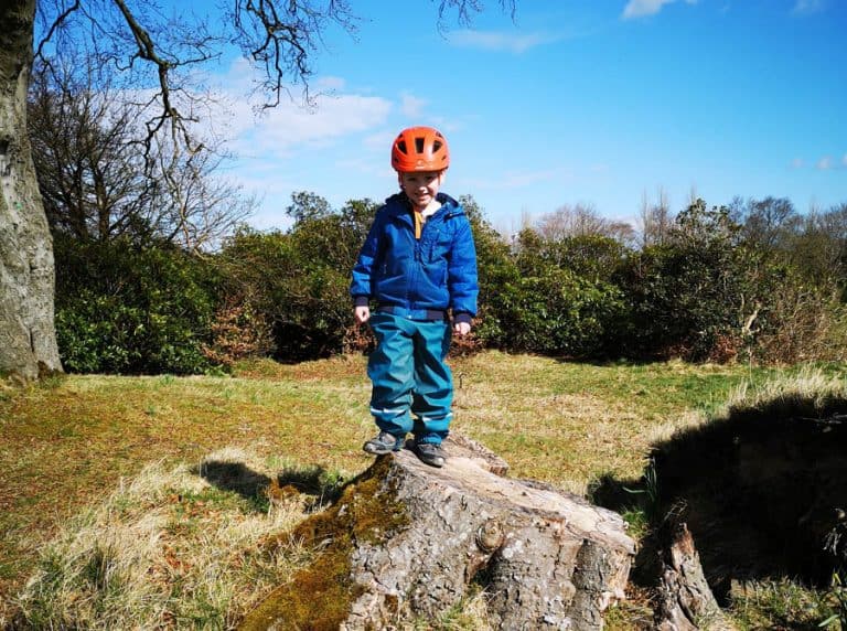 young boy standing on a tree stump wearing a bike helmet