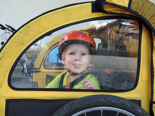 Child in a bike trailer