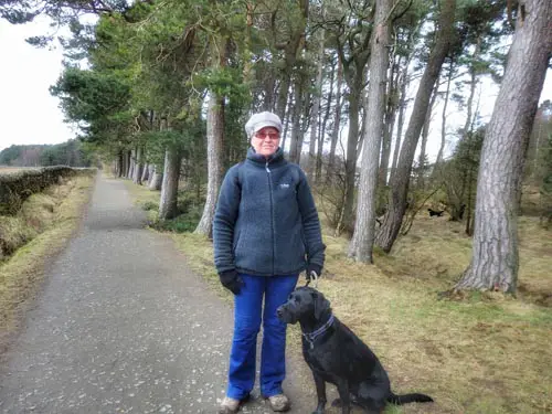 Dog walker with her Labrador at Harlaw Reservoir