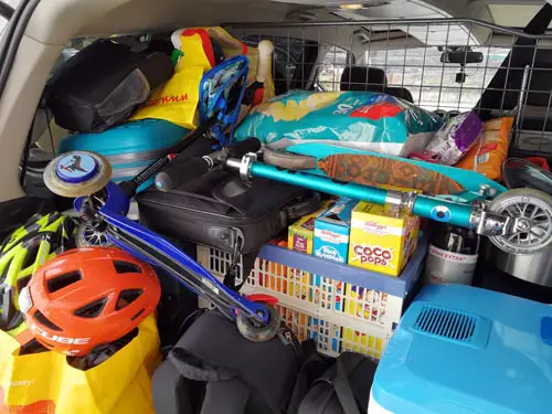 Boot of car packed for a self catering holiday