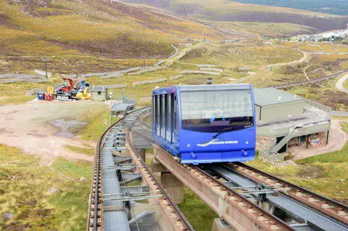 CAIRNGORMS, SCOTLAND - Aug 21, 2017: Funicular train in Cairngorm national park leading tourists in the summers and skiers int he winter to the Cairn Gorm mountain summit