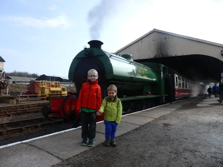 two brothers standing next to a steam train