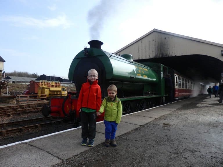 two brothers standing next to a steam train