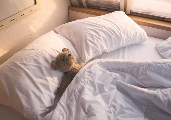 Brown teddy bear on bed at mobile car bedroom in the morning.