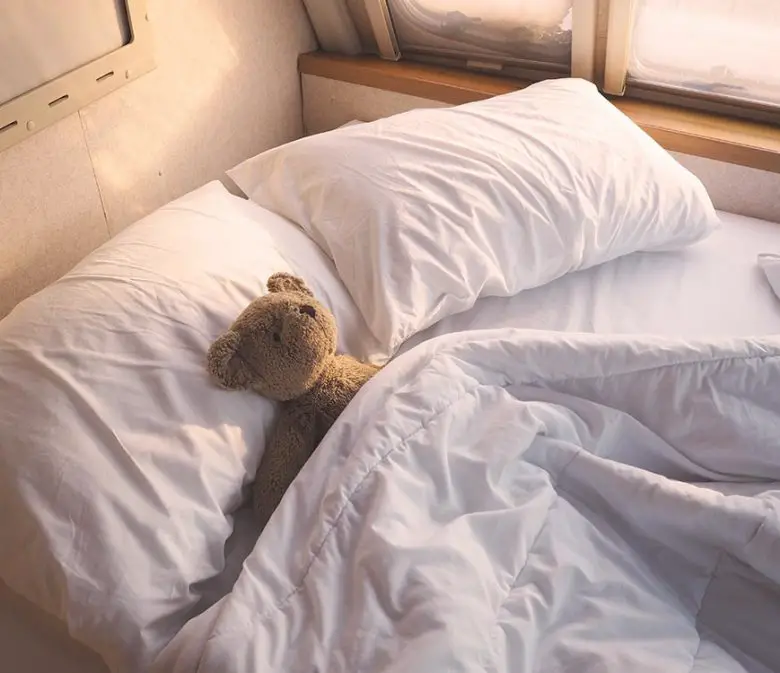 Brown teddy bear on bed at mobile car bedroom in the morning.